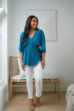 Load image into Gallery viewer, Storied Moments Draped Peplum Top in Teal
