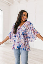 Load image into Gallery viewer, Fabled in Floral Draped Peplum Top in Blue
