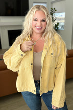 Load image into Gallery viewer, Cropped Hooded Denim Jacket in Mustard
