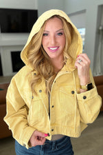Load image into Gallery viewer, Cropped Hooded Denim Jacket in Mustard
