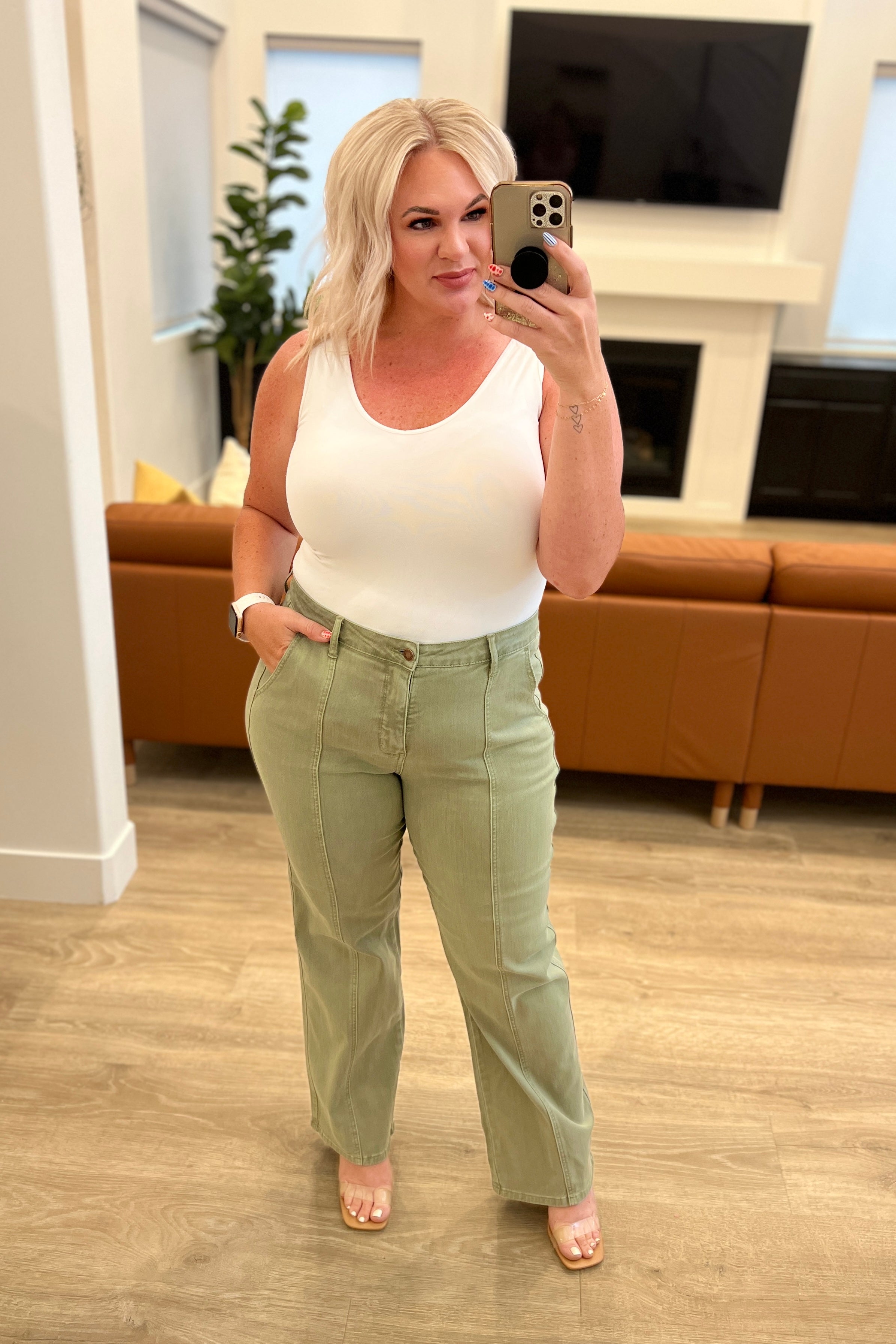 Phoebe High Rise Front Seam Straight Jeans in Sage