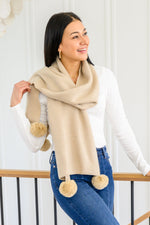 Load image into Gallery viewer, Knitted Fuzzy Pom Pom Scarf In Beige
