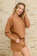Load image into Gallery viewer, Long Sleeve Sweatshirt Top &amp; Shorts Set In Camel
