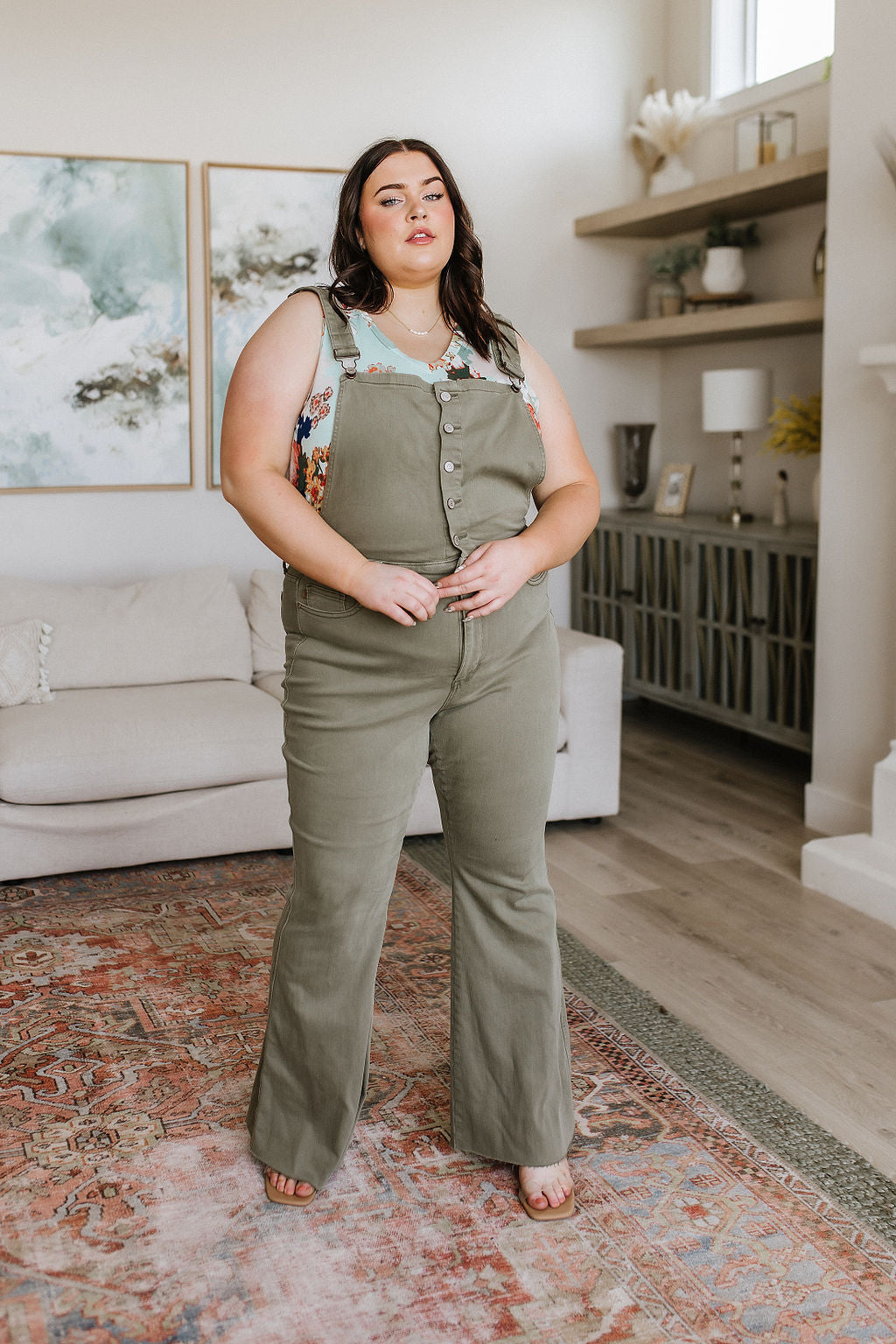 Olivia Control Top Release Hem Overalls in Olive