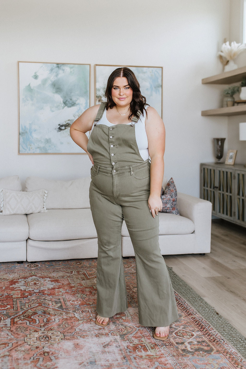 Olivia Control Top Release Hem Overalls in Olive