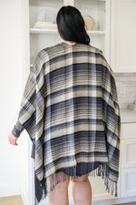 Load image into Gallery viewer, Plaid Fringe Trimmed Open Poncho in Black
