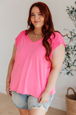 Load image into Gallery viewer, Ruched Cap Sleeve Top in Neon Pink
