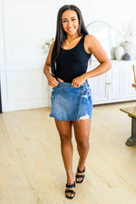 Load image into Gallery viewer, Sally Mid Rise Overlapping Distressed Denim Skort
