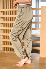 Load image into Gallery viewer, Steal The Night Olive Satin Cargo Joggers
