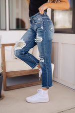 Load image into Gallery viewer, Suki Mid Rise Sequin Patch Tapered Jeans
