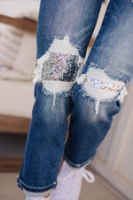 Load image into Gallery viewer, Suki Mid Rise Sequin Patch Tapered Jeans
