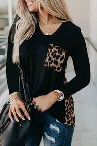 Black, Leopard Pocket/Back Long Sleeve Top