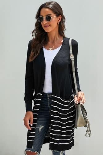 Black and White Long Cardigan with Pockets